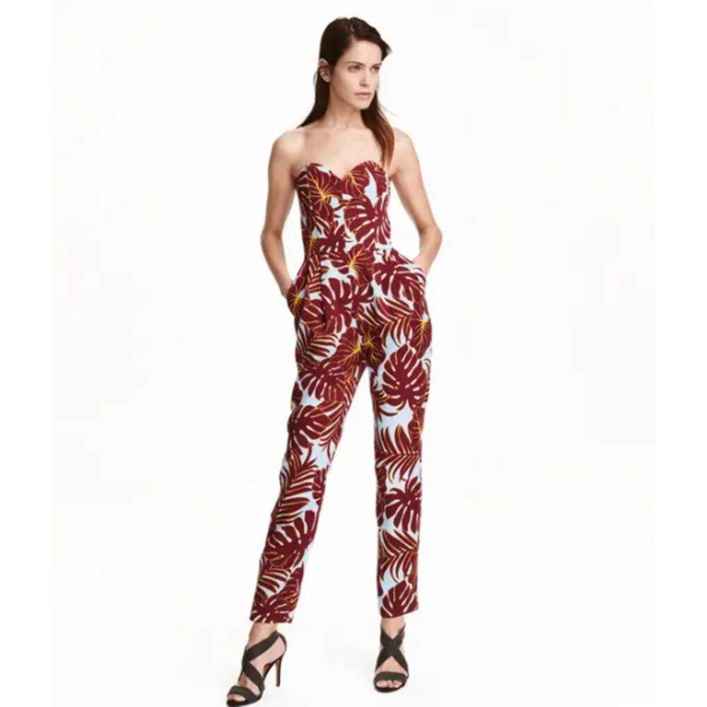 H&M Conscious Red Blue Floral Strapless‎ Sweetheart Neckline Zip Jumpsuit Size 2